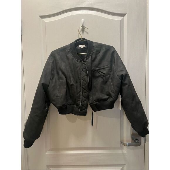 River Moon FAUX LEATHER CROPPED BOMBER - CHARCOAL Size S NWT$310 - Picture 2 of 4